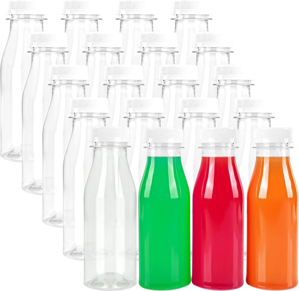 BELLE VOUS 20 balení 250 ml/8,5 oz plastové láhve na džus s bílým víčkem s viditelným poškozením