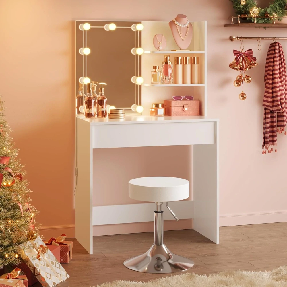 WOLTU toaletní stolek s osvětlením a zrcadlem ve 3 barvách, toaletní stolek s make-up taburetem.