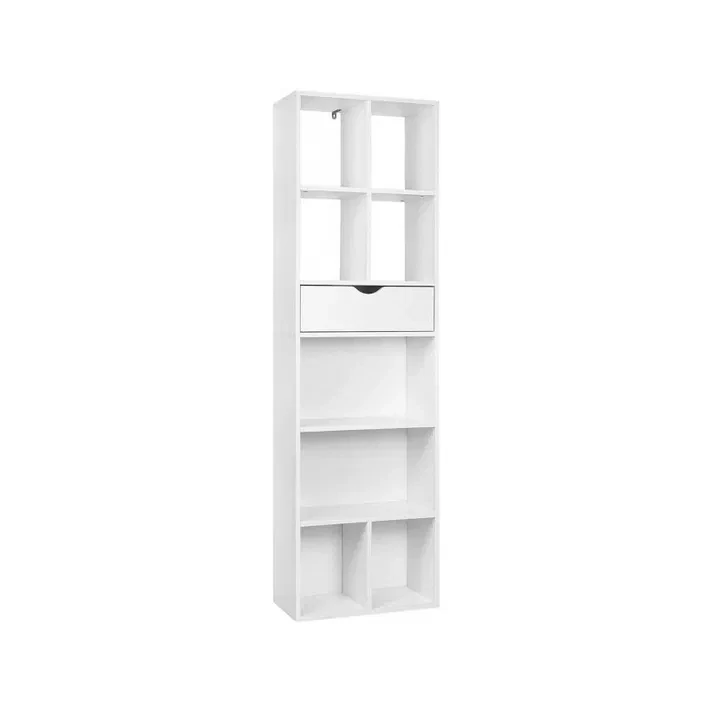 Knihovna s osmi přihrádkami a jednou zásuvkou z bílé MDF, šíře 50 cm Woltu