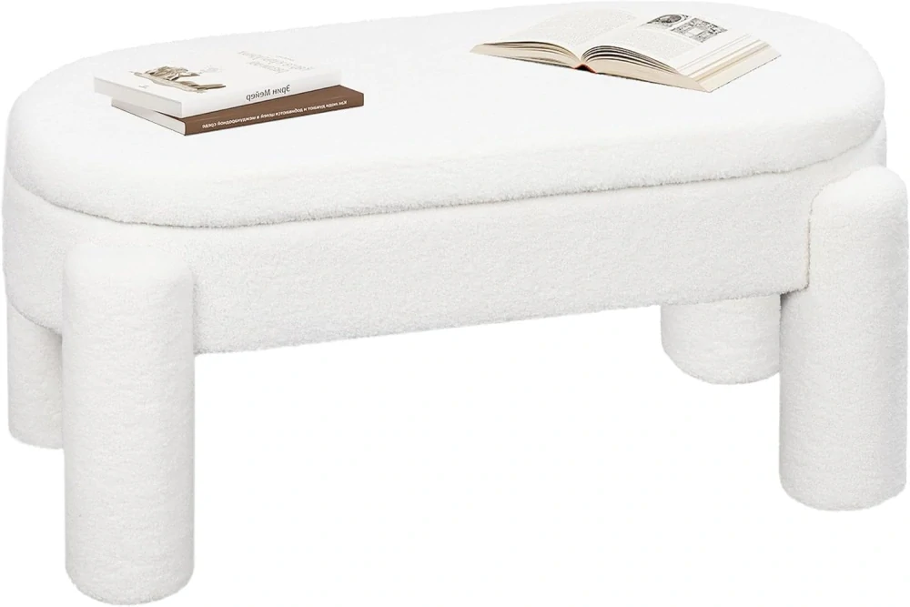 Lavička s úložným prostorem, Čalouněná lavice z Teddy Fabric, 114 x 53 x 47 cm