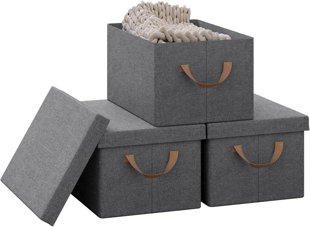 WOLTU ABB01gbn-3 Úložný box s víkem, sada 3 látkových boxů,38 x 20 x 27 cm