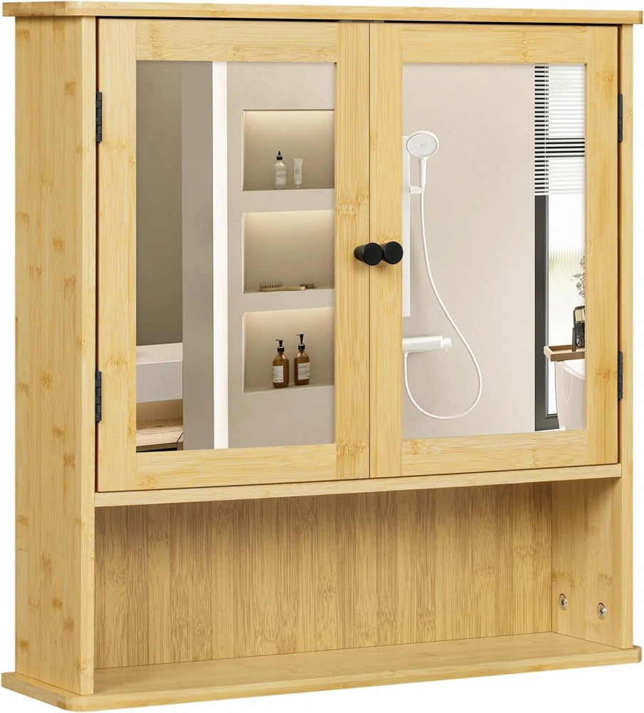 EUGAD Koupelnová nástěnná skříňka se zrcadlem, úložná skříňka se 2 dvířky, bambus, 56x14x58cm