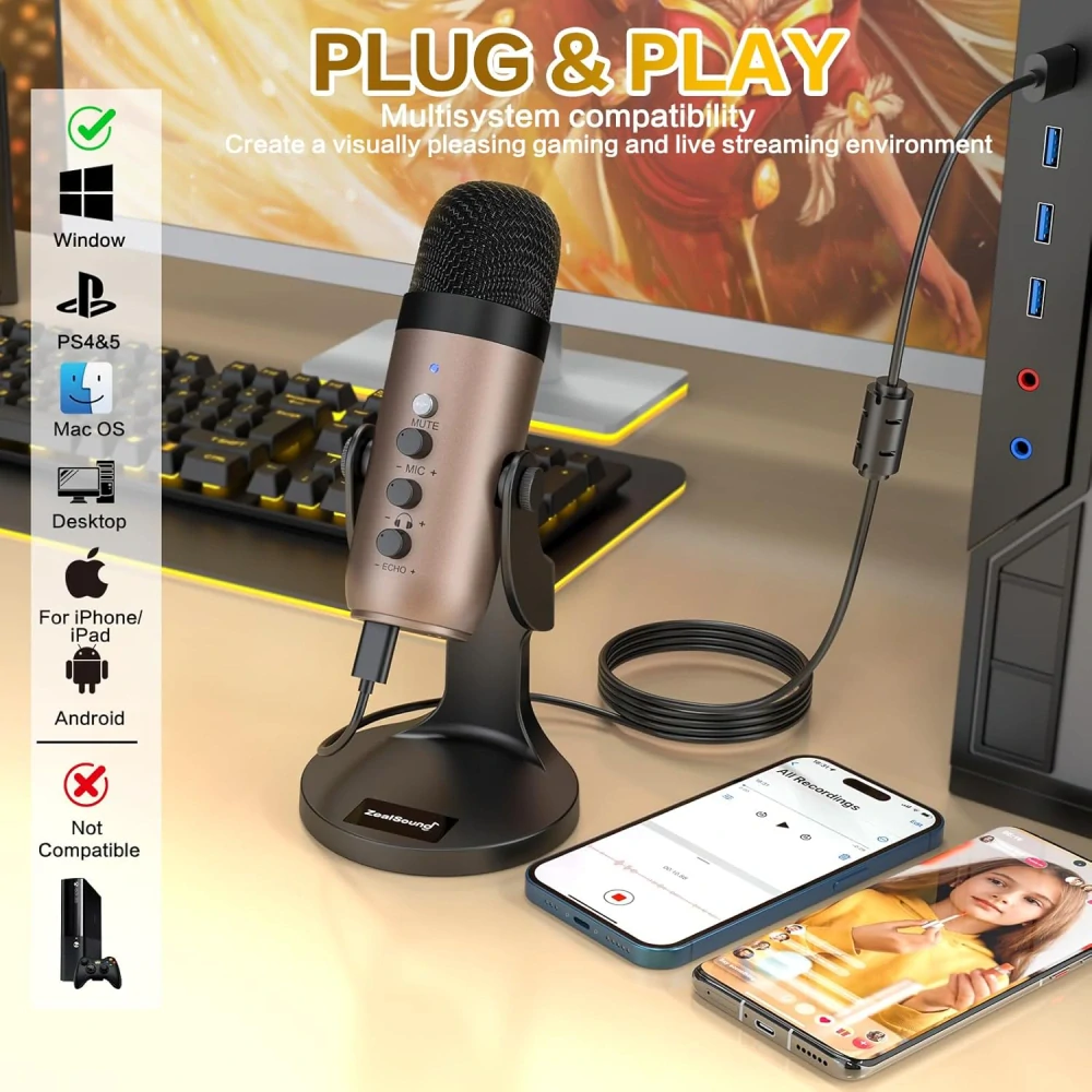 Kondenzátorový USB mikrofon pro PC, iPhone, PS5, telefon, notebook, s redukcí šumu/ztlumením/ziskem