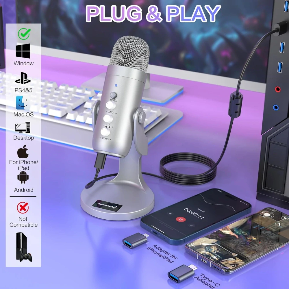 Stolní kondenzátorový mikrofon pro podcast, streamování, nahrávání