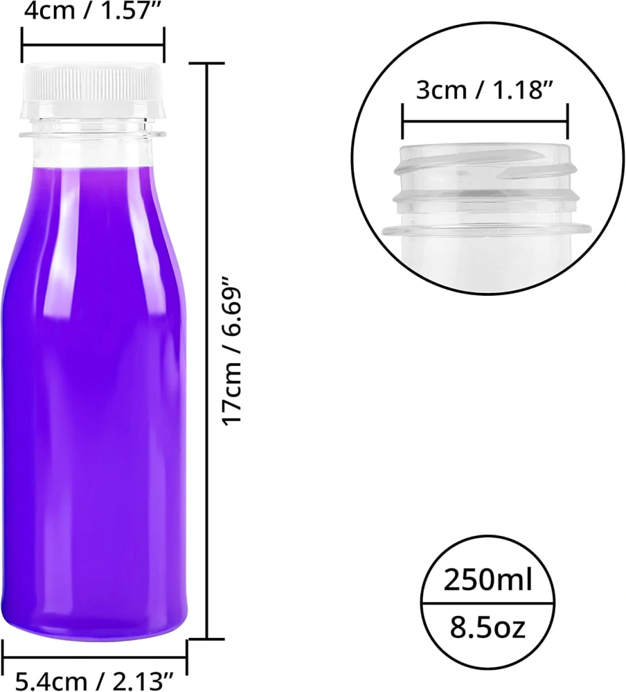 BELLE VOUS 20 balení 250 ml/8,5 oz plastové láhve na džus s bílým víčkem s viditelným poškozením