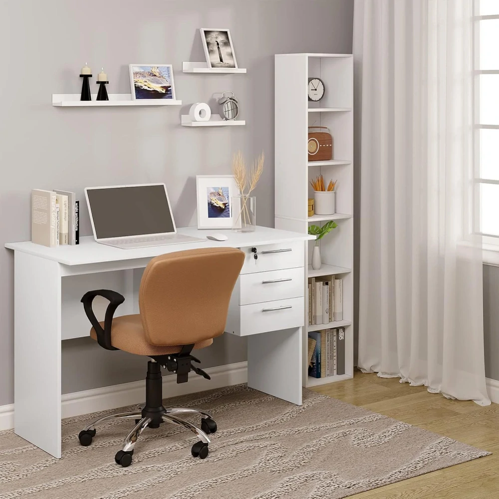 WOLTU stůl se 3 zásuvkami, 120x60x75cm, bílý, počítačový stůl s úložným prostorem
