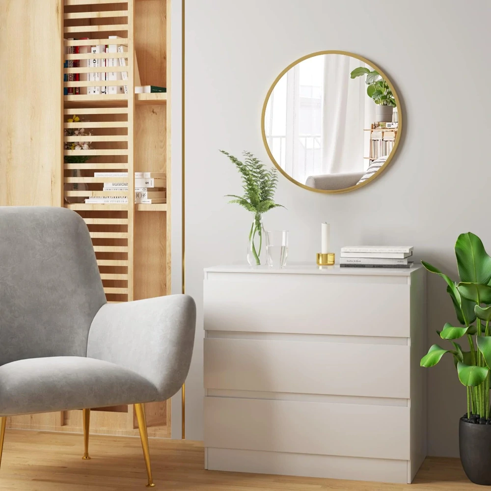 Nástěnné zrcadlo WOLTU φ 60 cm s rámem Gloden, moderní kulaté závěsné zrcadlo do koupelny