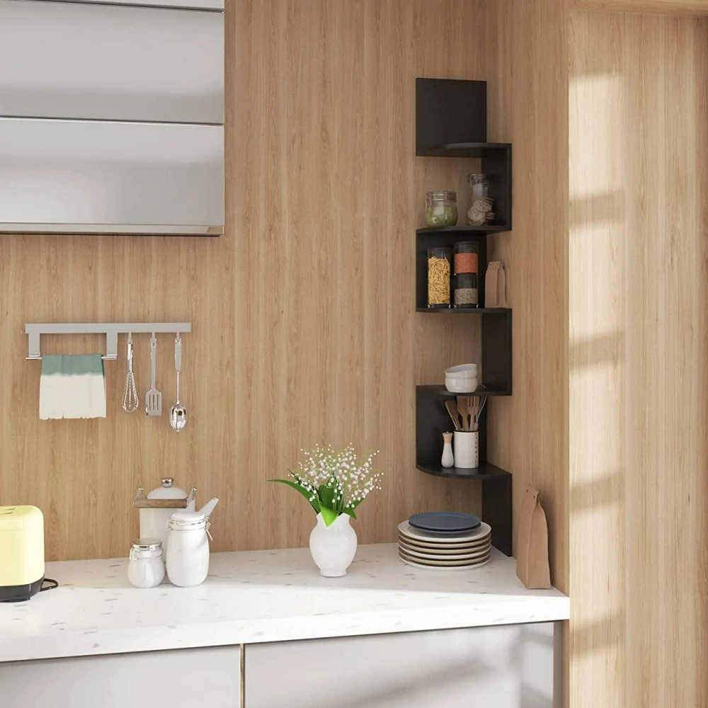 WOLTU nástěnná police, klikatá rohová police, stojan na CD DVD, 5patrová nástěnná knihovna černá