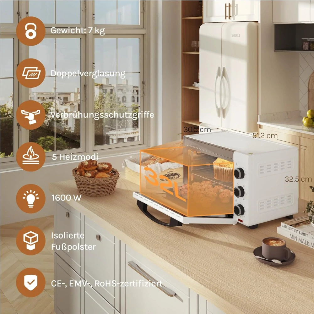 Mini trouba WOLTU, trouba na pizzu 32 l, 1600 W