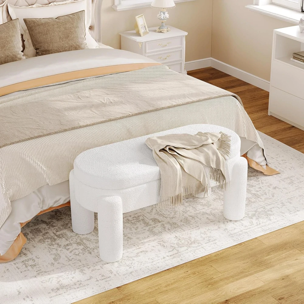Lavička s úložným prostorem, Čalouněná lavice z Teddy Fabric, 114 x 53 x 47 cm