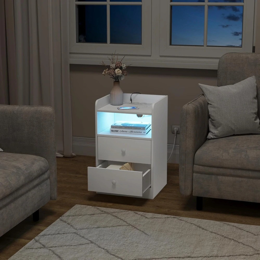 WOLTU 40 x 64 x 35 cm noční stolek s funkcí nabíjení a LED světlem