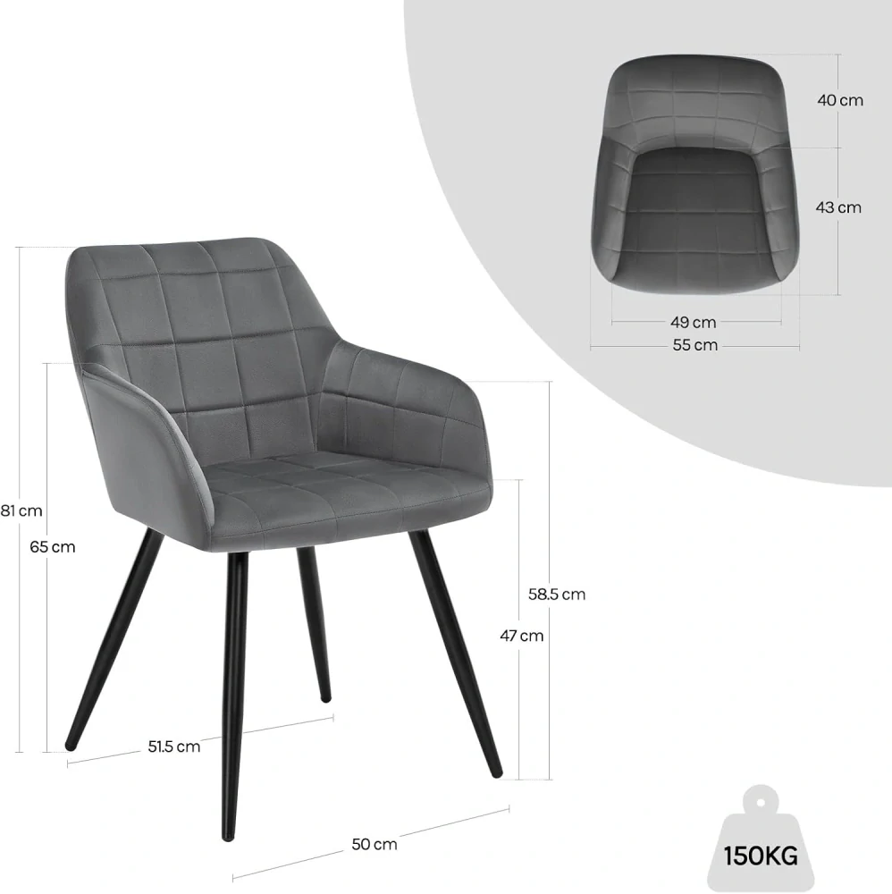 sametově polstrovaná kuchyňská jídelní židle s kovovými nohami, tmavě šedá
