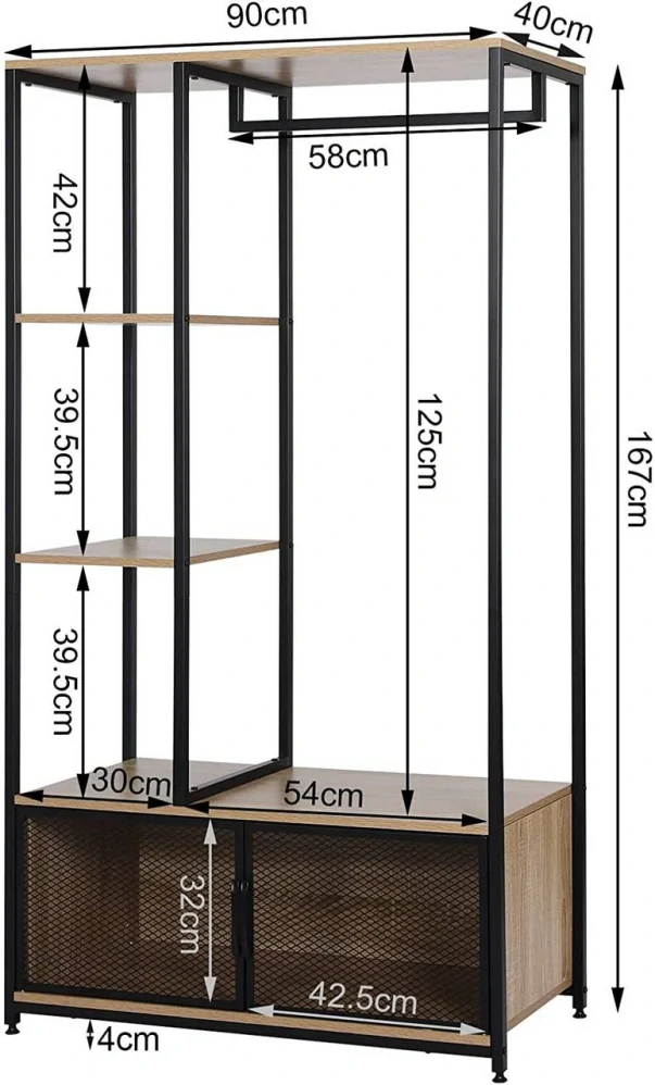 WOLTU Věšák na oblečení s úložnou skříňkou, Otevřený věšák na kabáty do šatní skříně