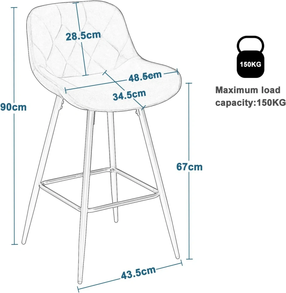 EUGAD, barové židle s opěradlem, ergonomická čalouněná stolička se sametovým potahem