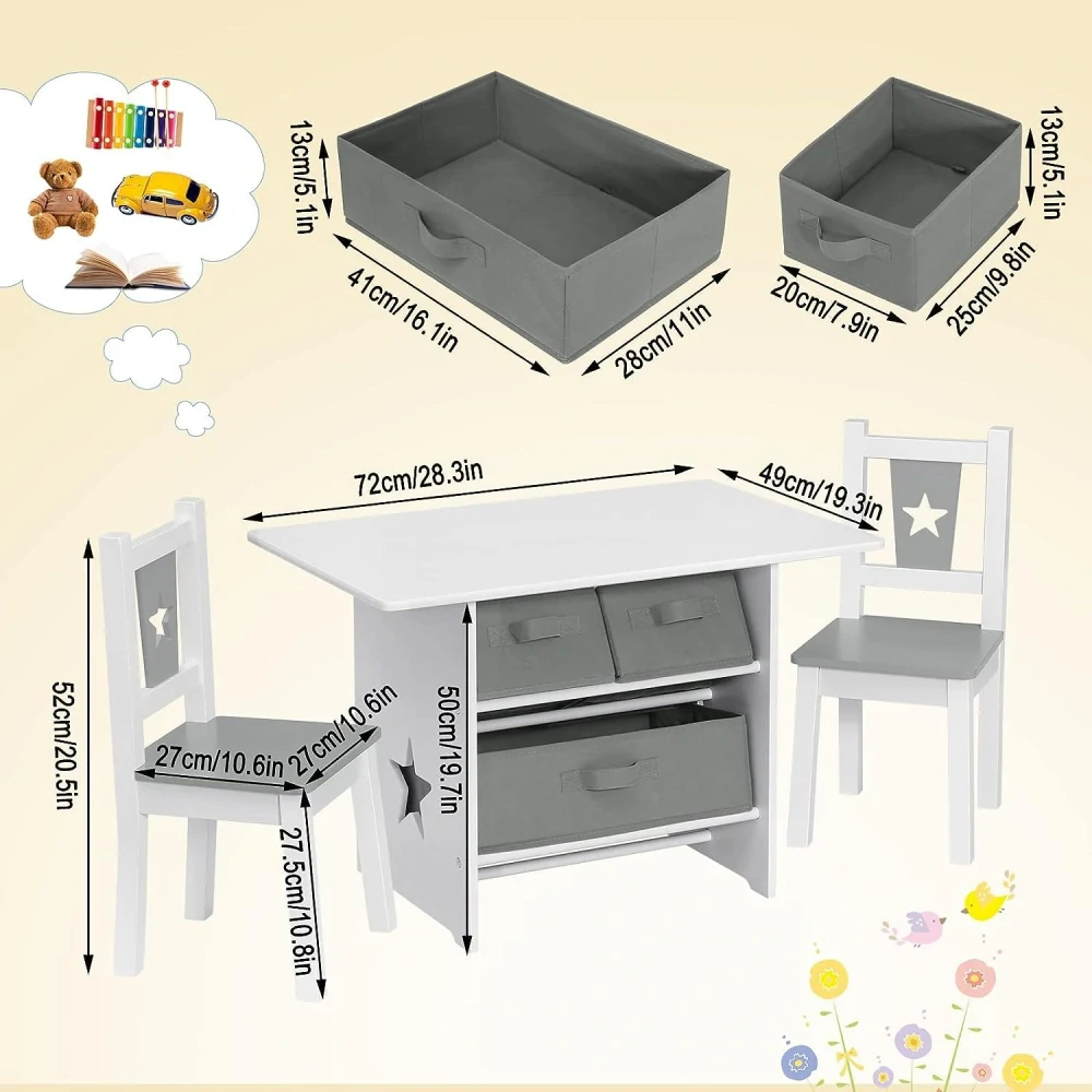 WOLTU Dětský stůl a 2 židle, Dětský stůl se 3 úložnými boxy