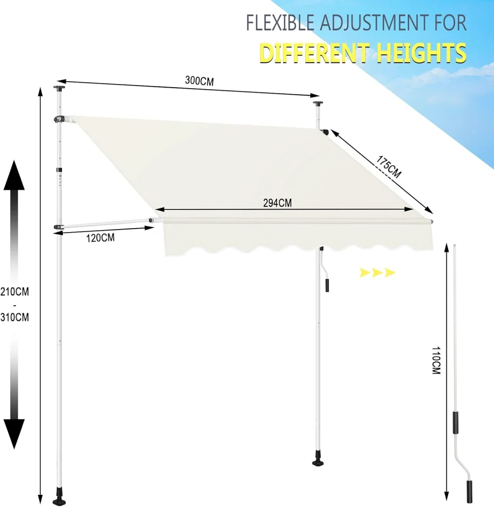 Markýza WOLTU s upínacími svorkami, šířka 300 cm, balkonová markýza, bez vrtání