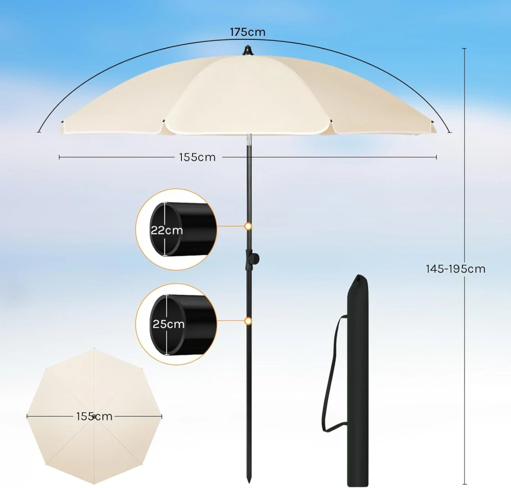 Slunečník WOLTU Průměr 155 cm, Balkónový slunečník, Plážový slunečník