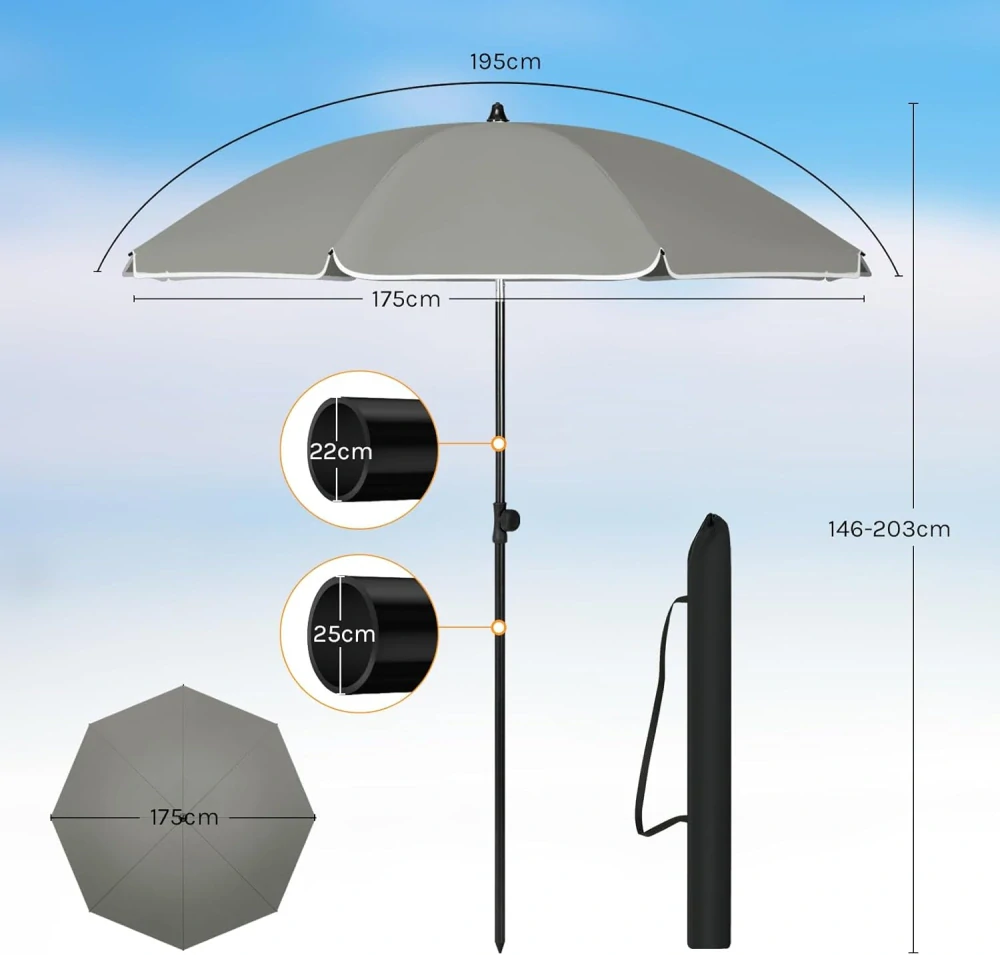 Slunečník WOLTU Průměr 175 cm, Balkónový slunečník, Plážový slunečník