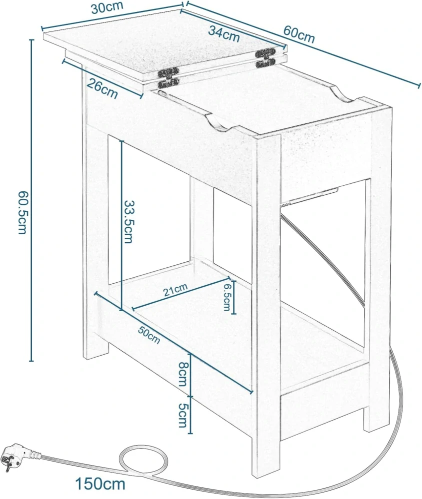 EUGAD 0001CHJ Odkládací stolek s nabíjecí stanicí, noční stolek se zástrčkou