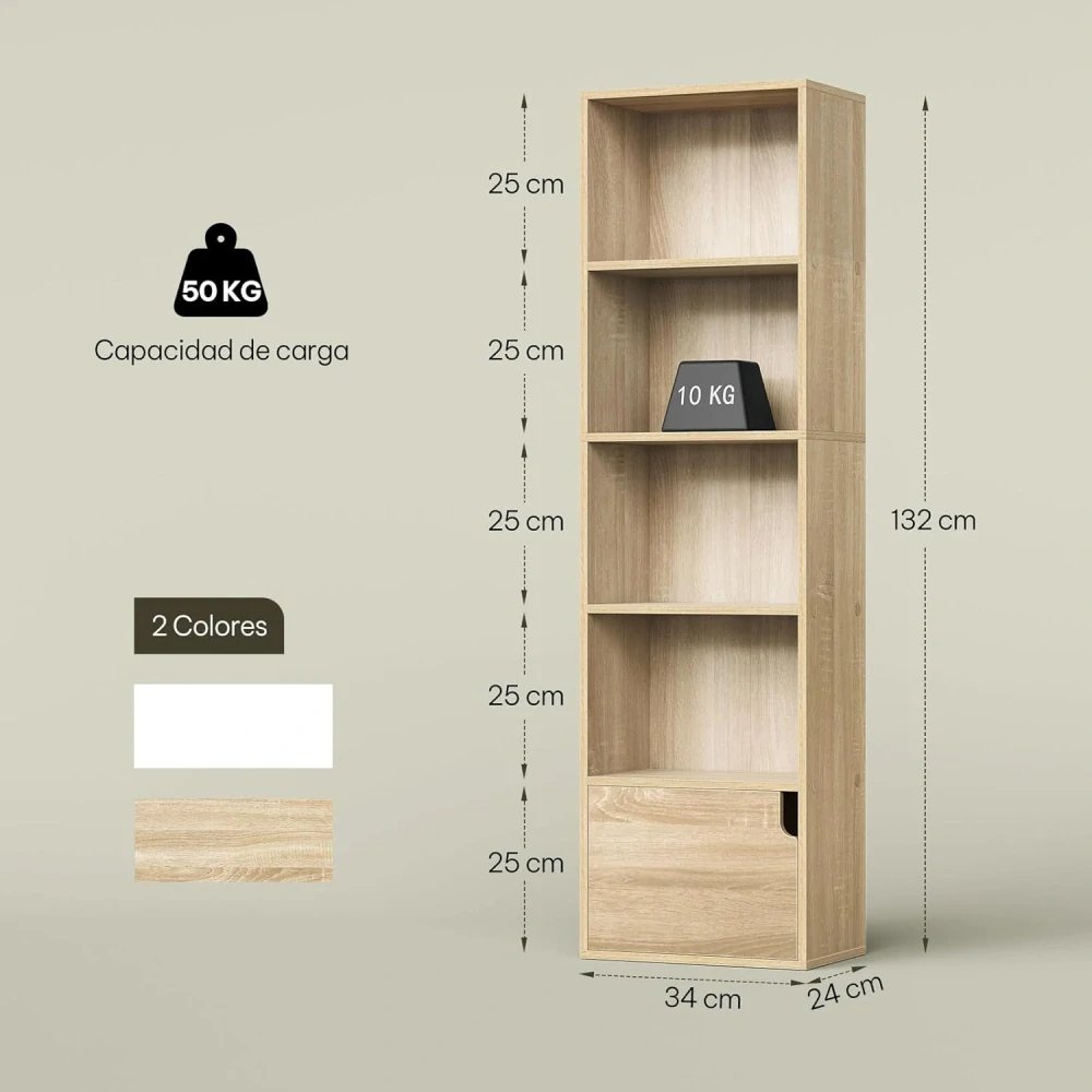 dřevěná knihovna s dvířky do obývacího pokoje, ložnice, kuchyně, kanceláře, vyrobeno z MDF, světlý dub, 34x24x132 cm