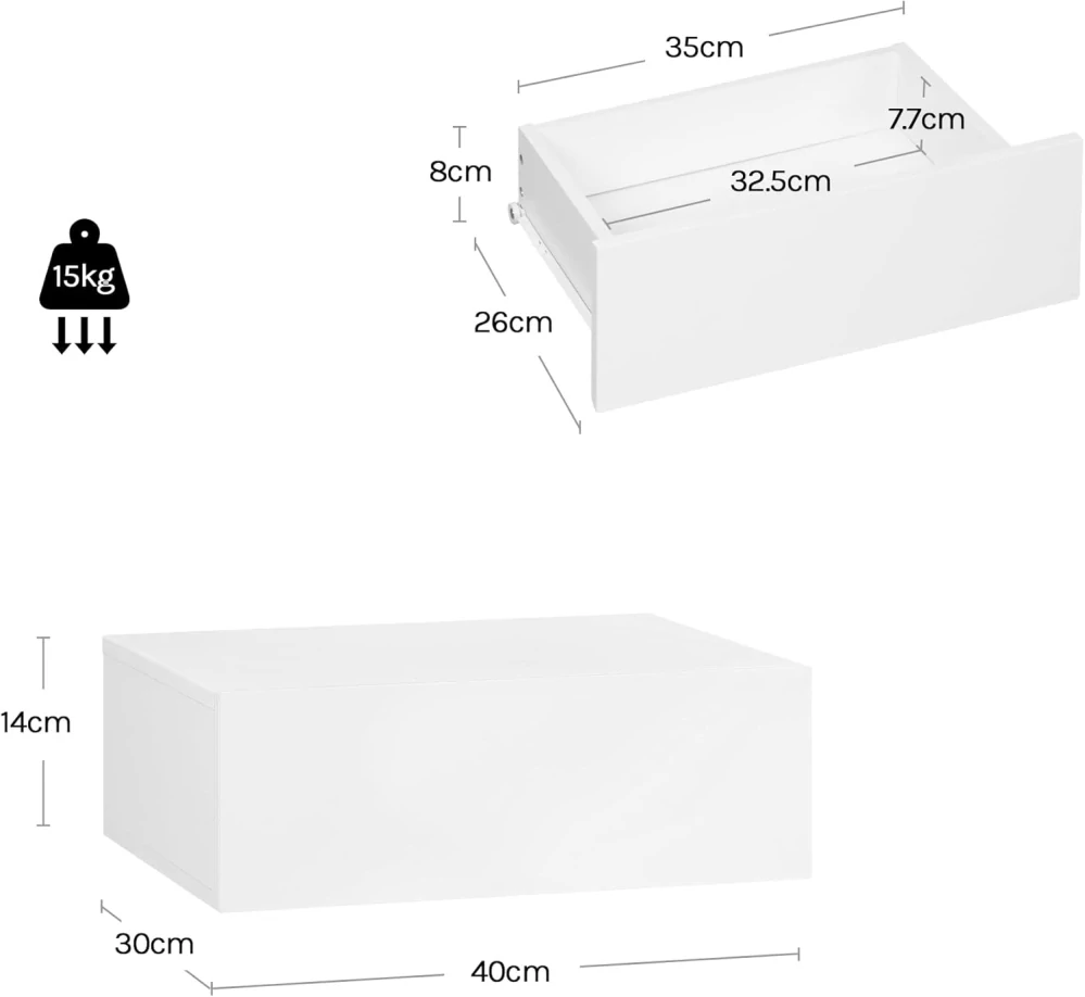 WOLTU Plovoucí noční stolek se zásuvkou, Nástěnný noční stolek, 40x30x14 cm