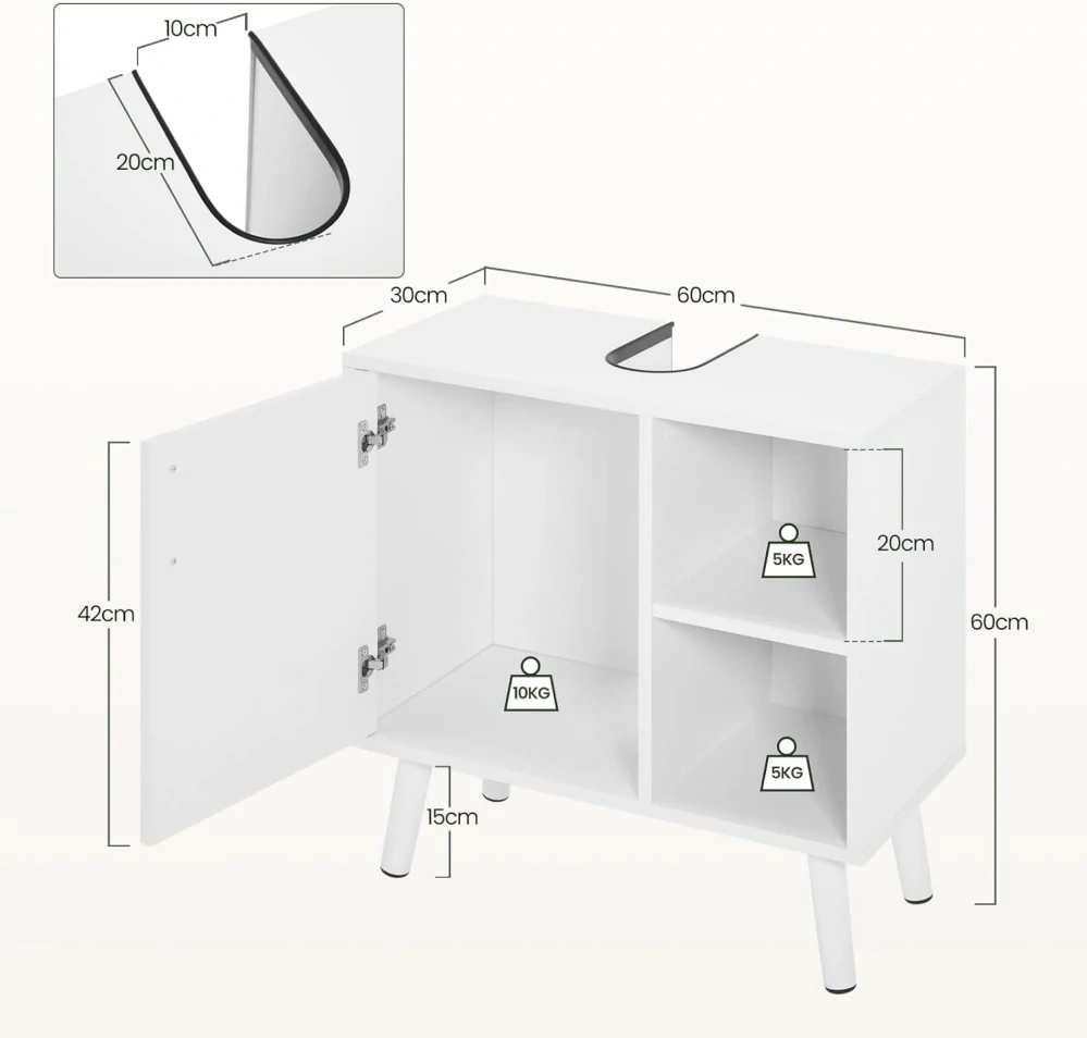 EUGAD Umyvadlová skříňka s dvířky, Bílá, 60 x 30 x 60 cm