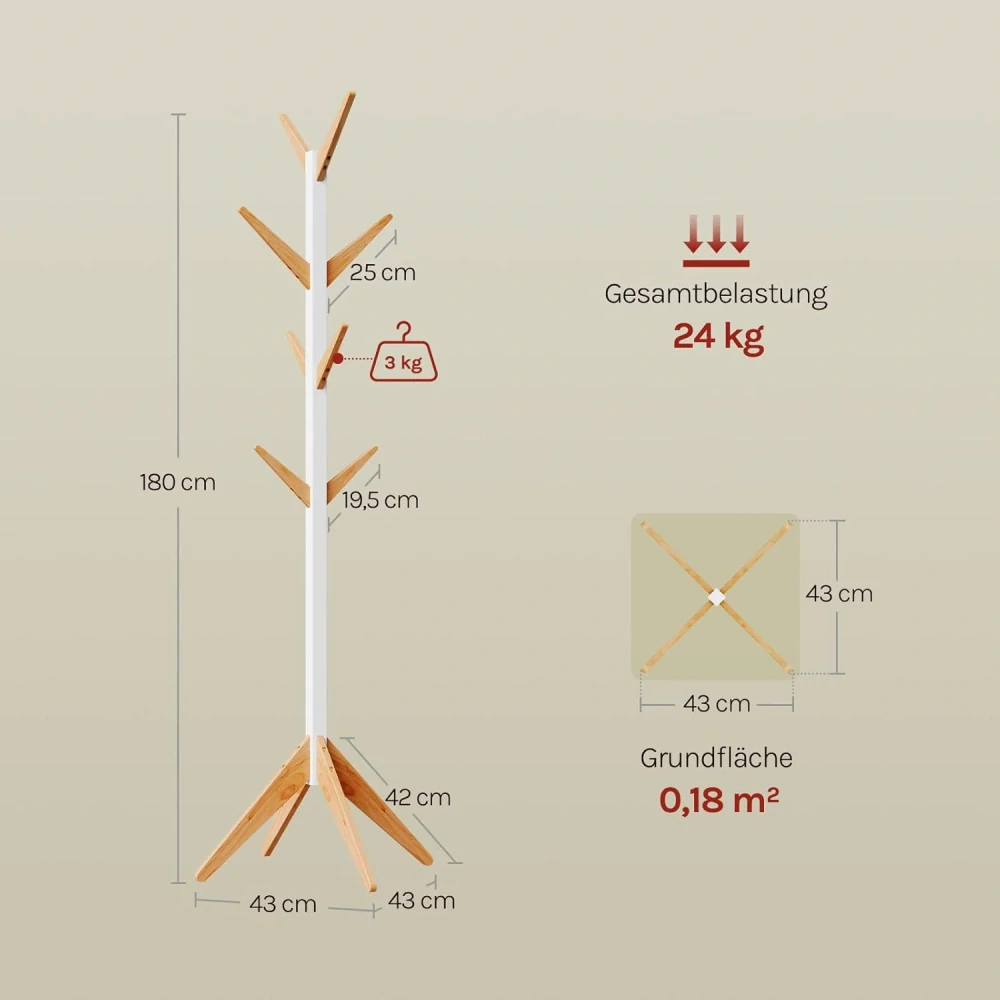 Woltu věšák na oblečení s 8 háčky, výška 180 cm, MDF dřevo