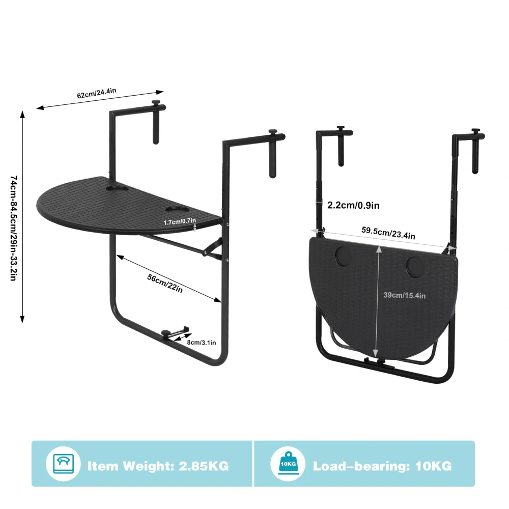 Závěsný balkonový stůl WOLTU, skládací balkonový stůl, 3 výšky, černý