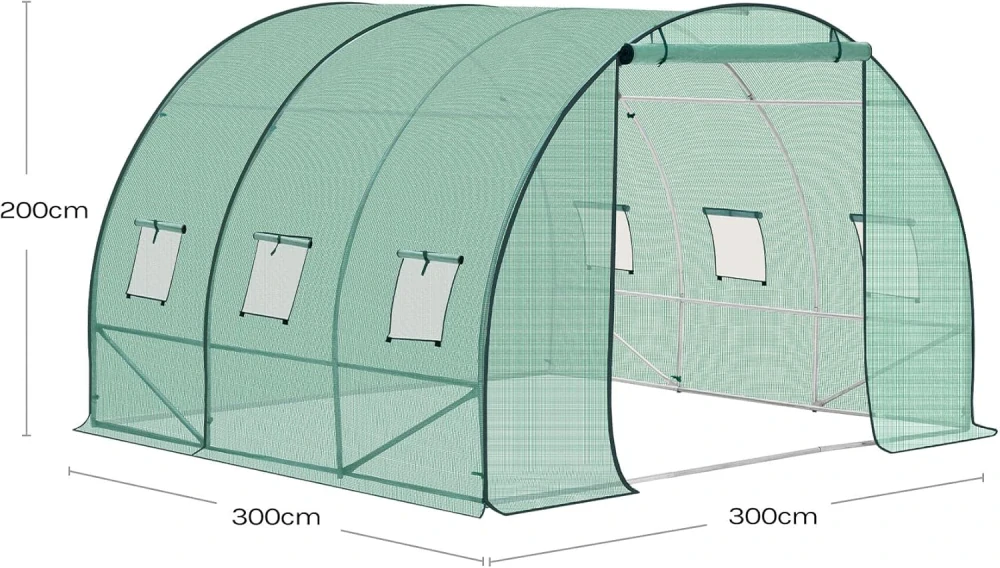 Skleník WOLTU, fóliový skleník s dveřmi, 6 oken, vyrobeno z ocelových trubek, PE, 300 x 300 x 200 cm, zelený