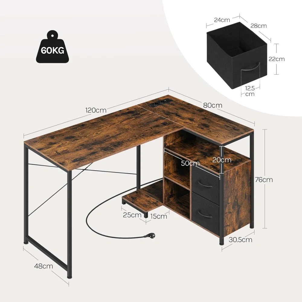 WOLTU Rohový psací stůl 120 x 80 x 75 cm - s odnímatelnou policí a zásuvkou