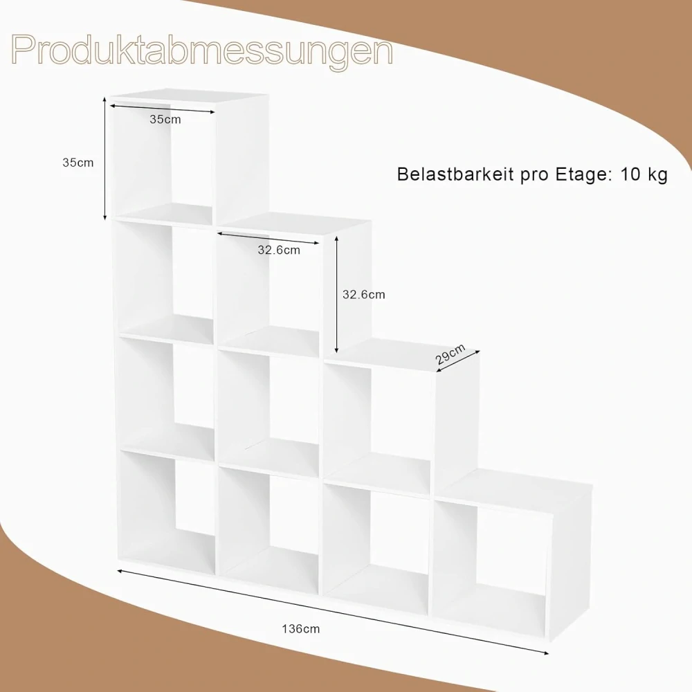 WOLTU police na knihy s 10 kostkami 136x29x136cm, bílá