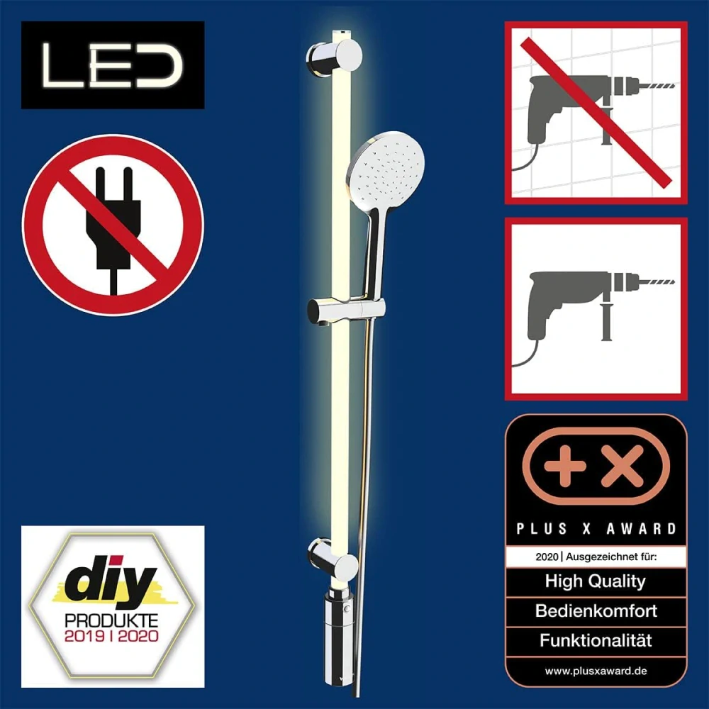 Sprchová tyč LED, 94 cm, sprchová hlavice a sprchová hadice, WENKO