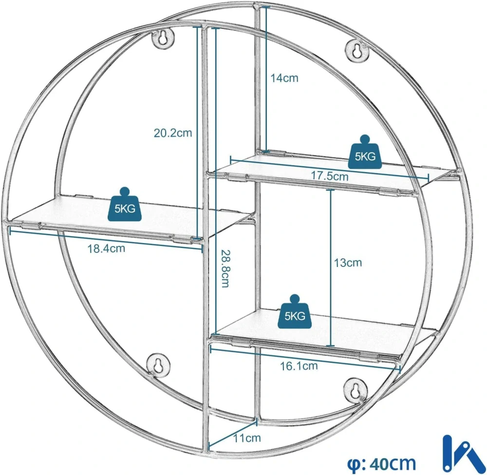 EUGAD kulatá nástěnná police, dětská police e 3 policemi, průměr 40 cm