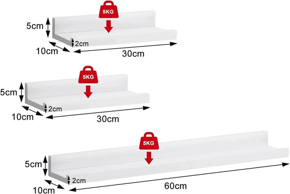 Sada 3 polic WOLTU, nástěnné police s okrajem