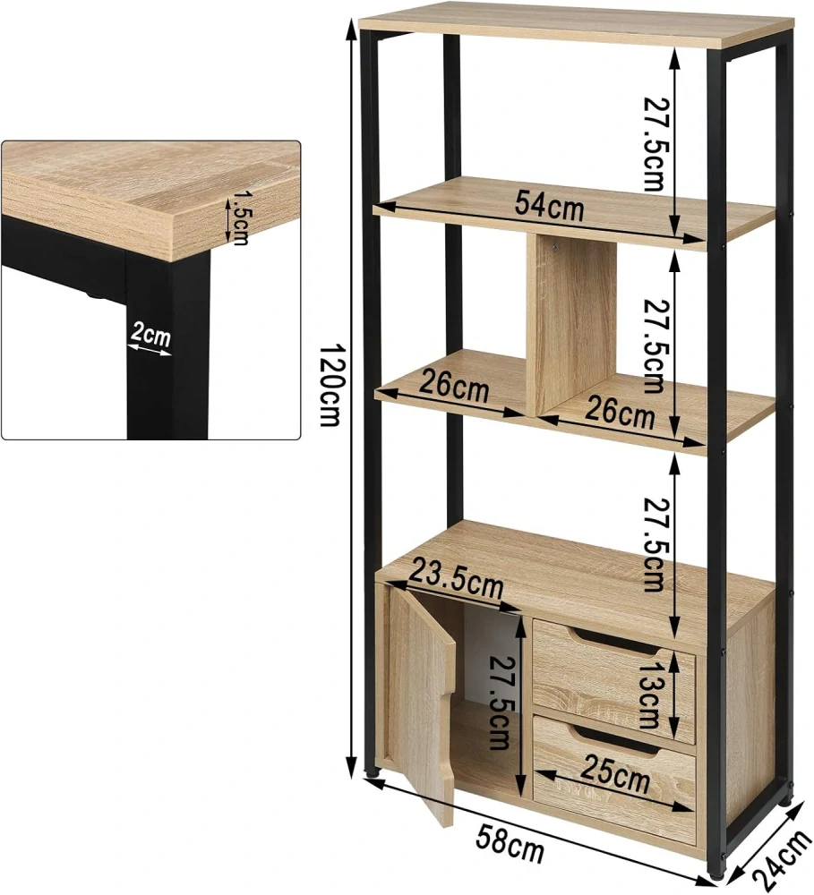 WOLTU RGB09hei Úložná police Knihovna se skříňkou a zásuvkami 58x24x120cm