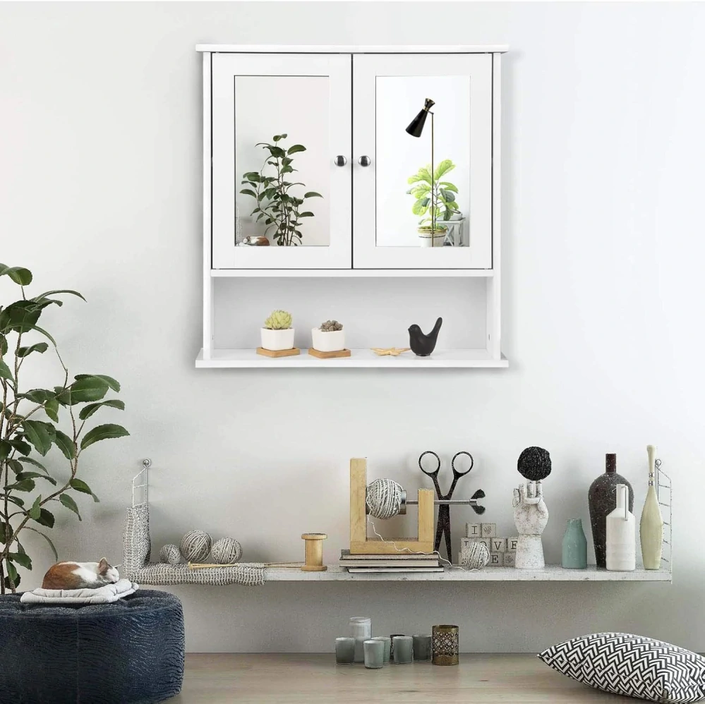 eSituro Koupelnová zrcadlová nástěnná skříňka s dvířky Bílá, 56 x 58,3 x 13 cm
