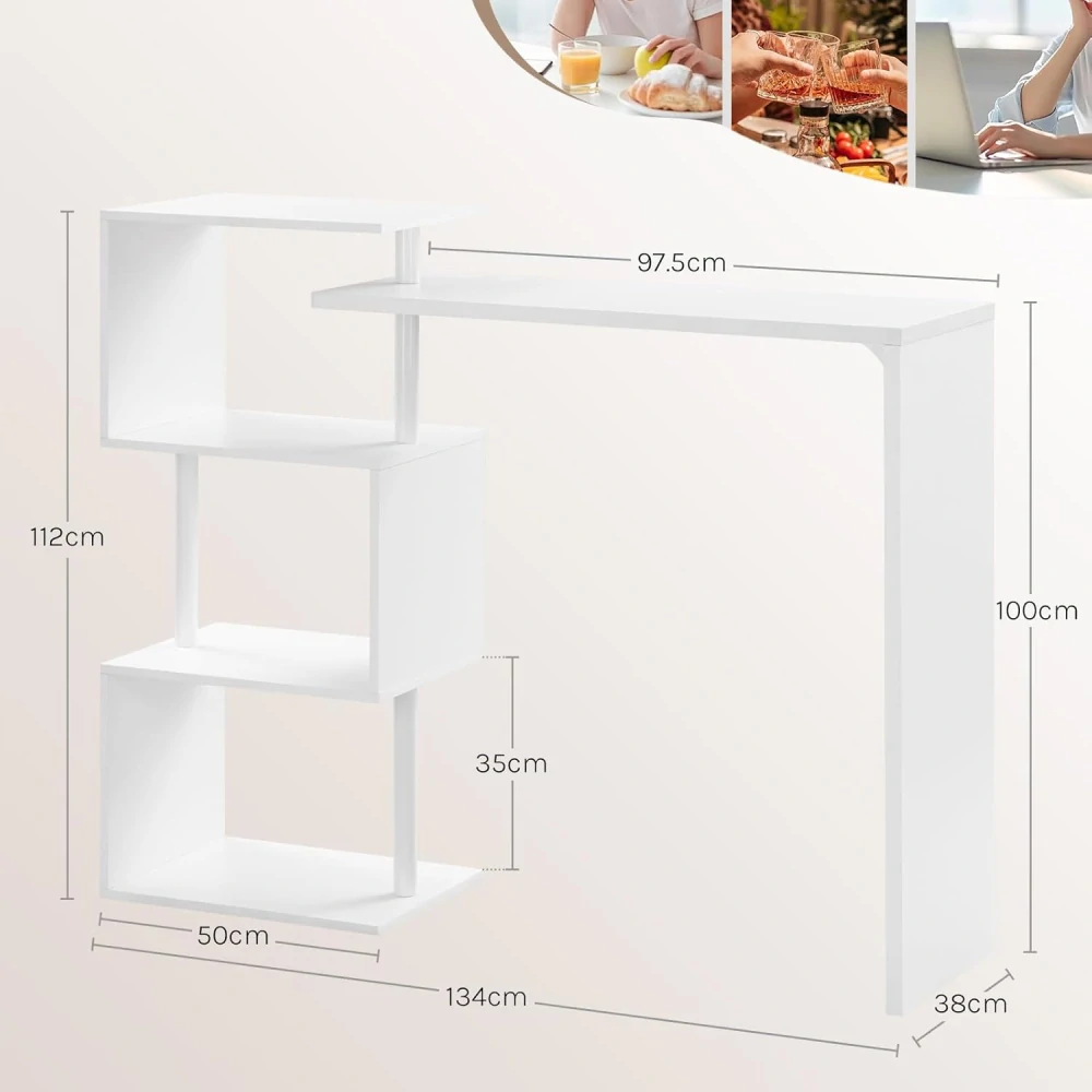WOLTU BT27ws otočný barový stůl se 3 policemi, kovový a MDF bistro stůl, 134 x 38 x 112 cm, bílý