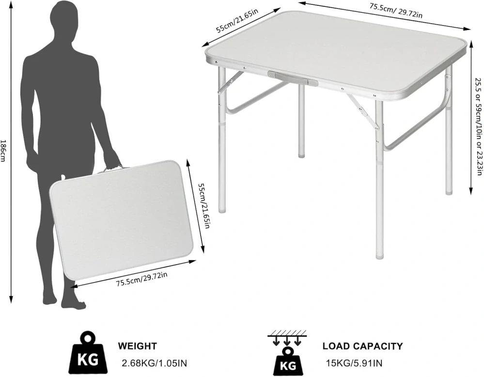 Woltu CPT8131ws skládací kempingový stůl, 75 x 55 x 25,5 - 58,5 cm