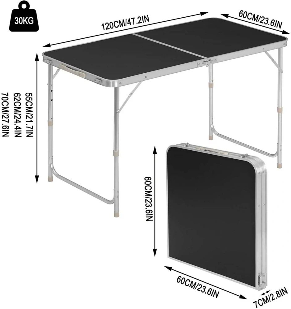 WOLTU Camping Table Skládací stůl Zahradní stůl Výška nastavitelná černá