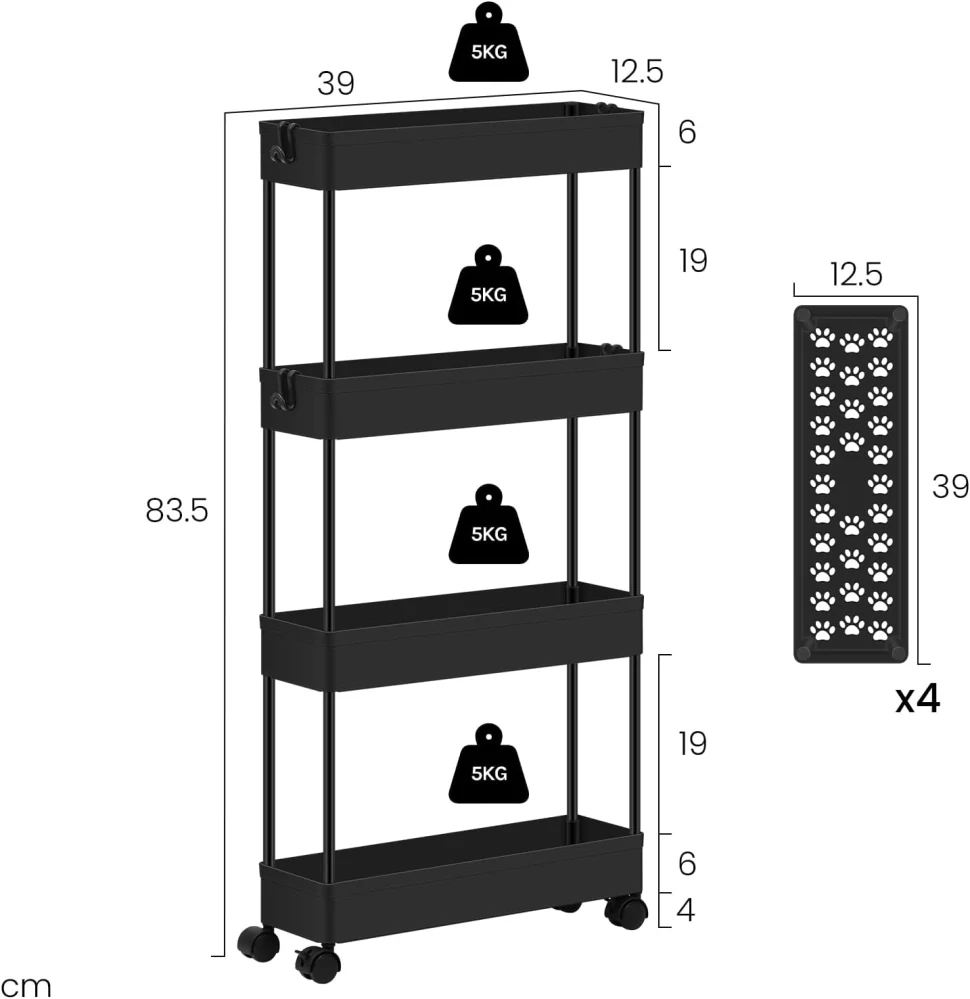 Servírovací vozík Klihome, 4 patra, úzký kuchyňský vozík s kolečky