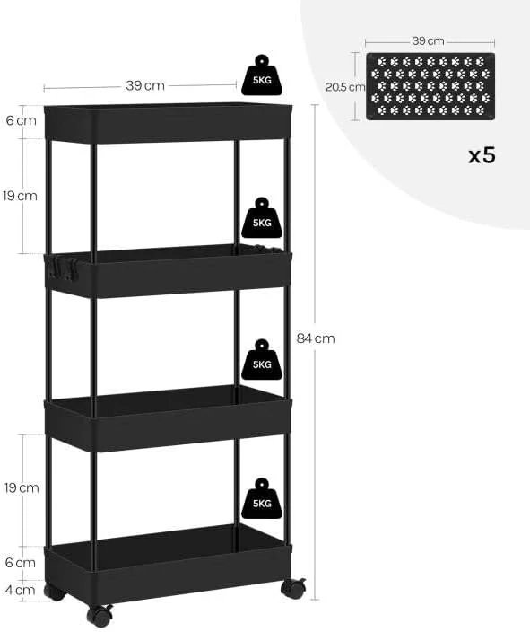 Servírovací vozík Klihome, 4 patra, úzký kuchyňský vozík s kolečky