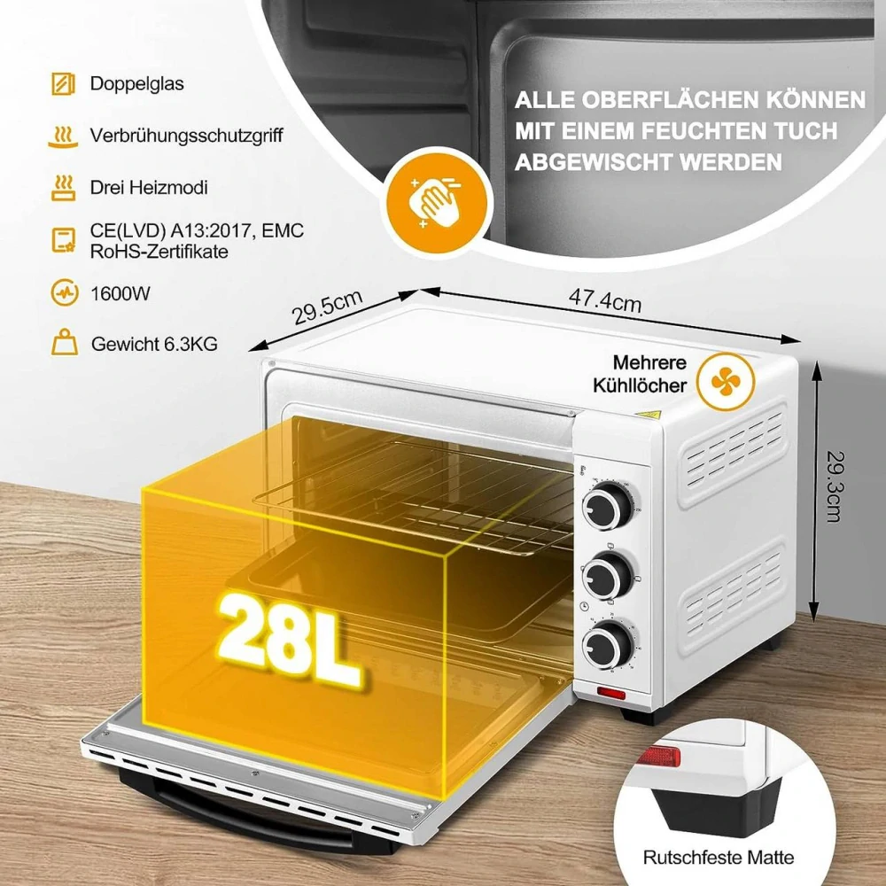 WOLTU mini trouba 28L, 1600W, 100-230°C, časovač 0-60 min, 3 režimy ohřevu bílá