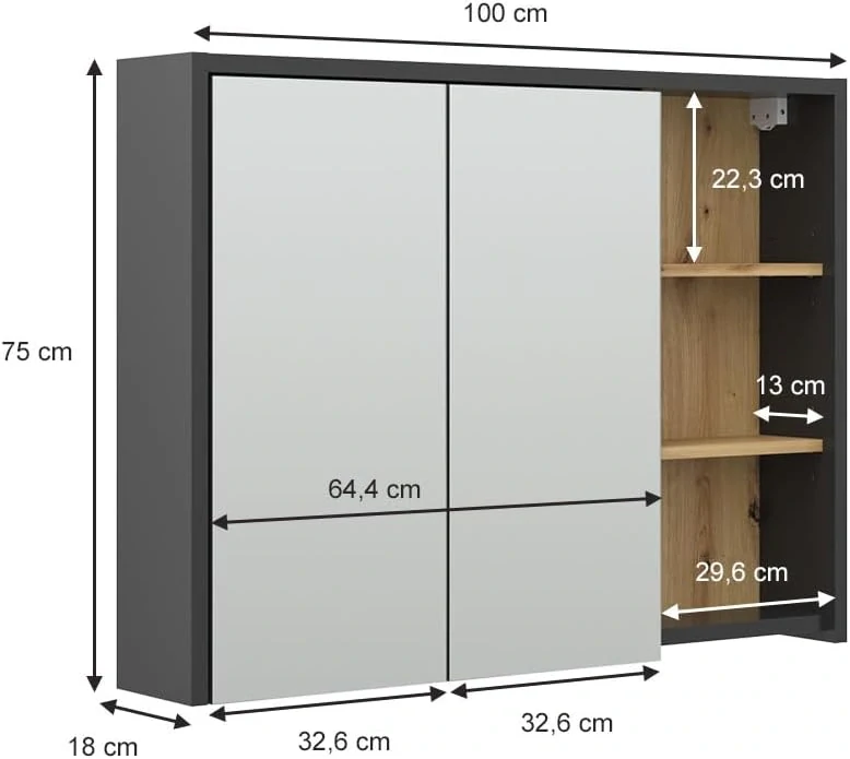 Vicco Viola koupelnová zrcadlová skříňka, antracit/dub, 100 x 75 cm
