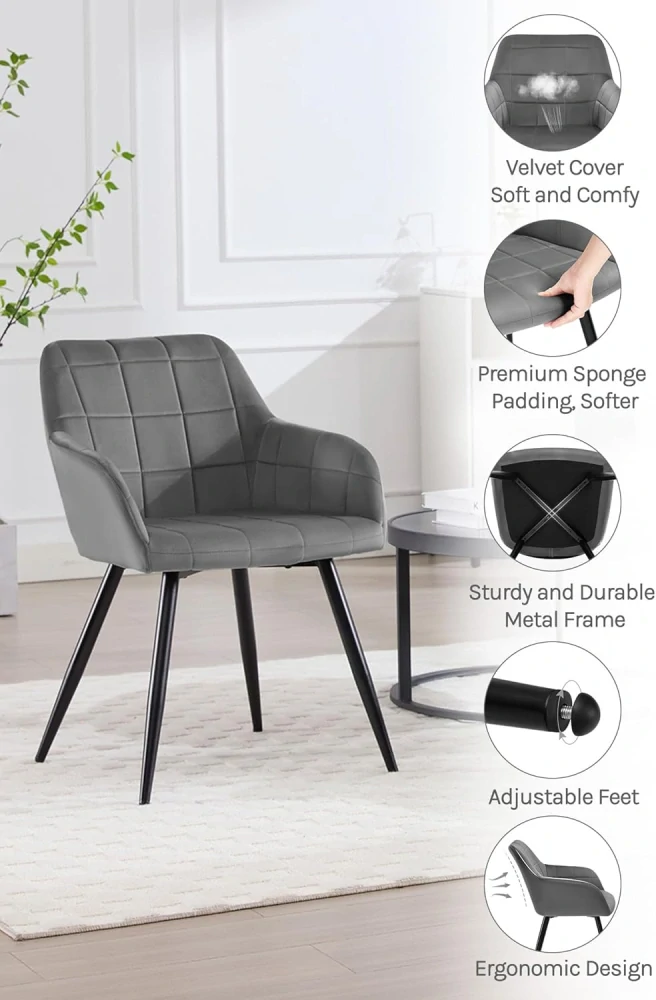 sametově polstrovaná kuchyňská jídelní židle s kovovými nohami, tmavě šedá