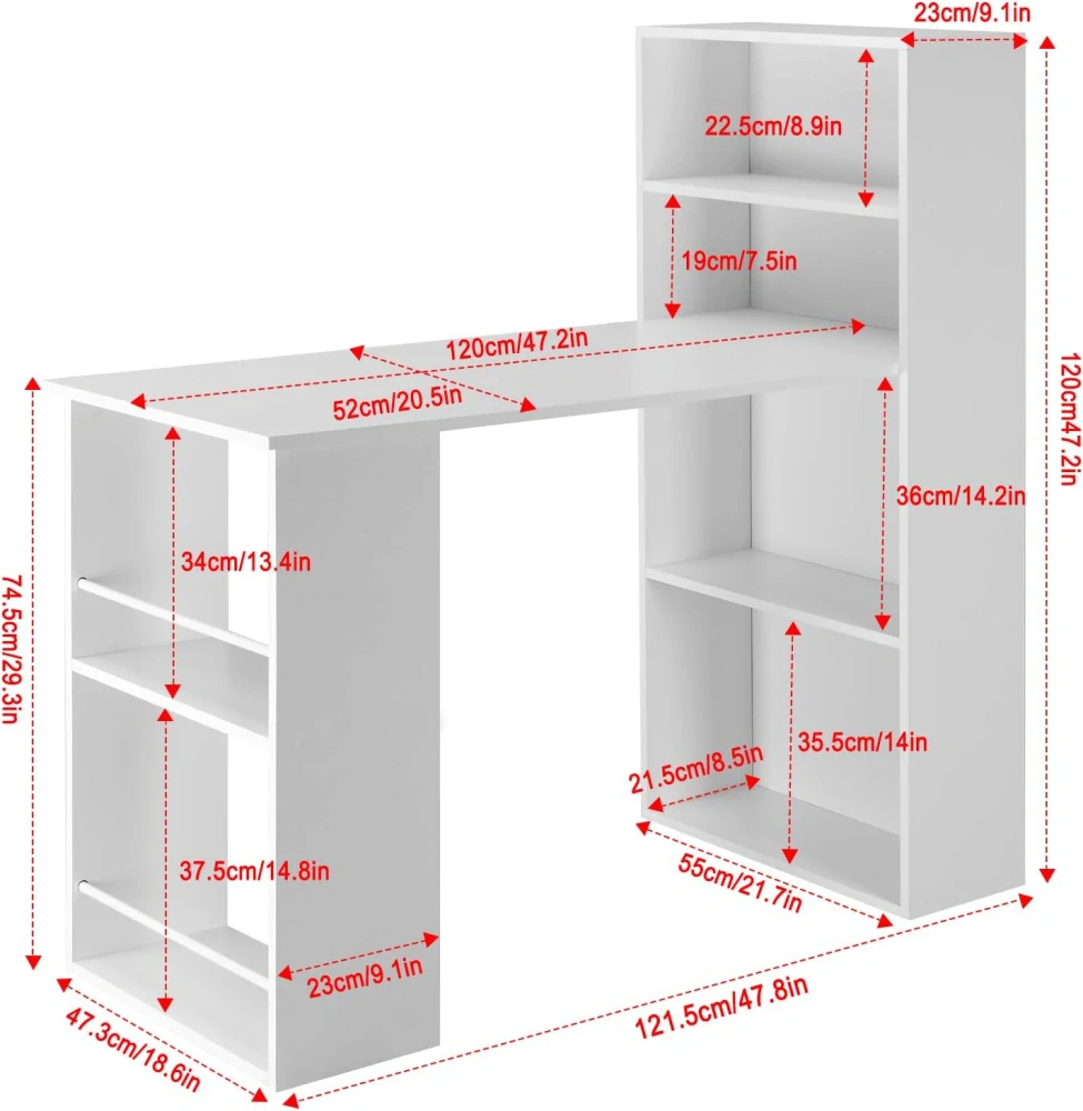 eSituro 120 cm psací stůl s policemi, bílý, 122 x 55 x 120 cm