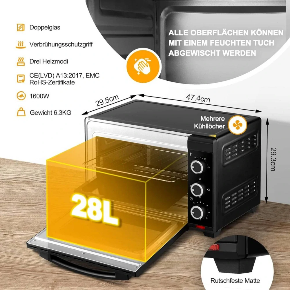 Mini trouba WOLTU 28 l, 1600 W, 100–230 °C, časovač 0–60 min, 3 režimy ohřevu