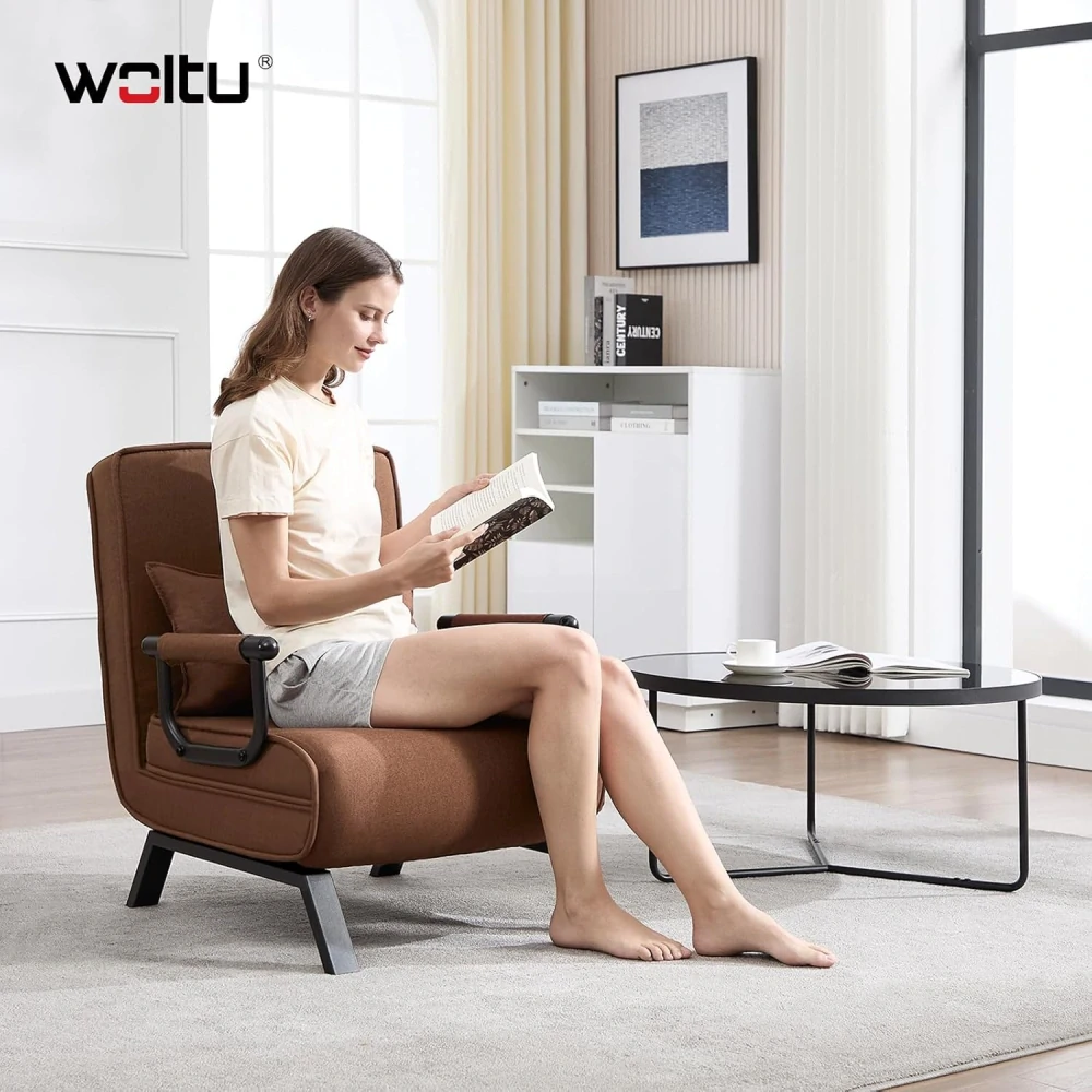WOLTU 3v1 rozkládací křeslo s funkcí postele, kovový a lněný rám, 65 x 75 x 78 cm, hnědá