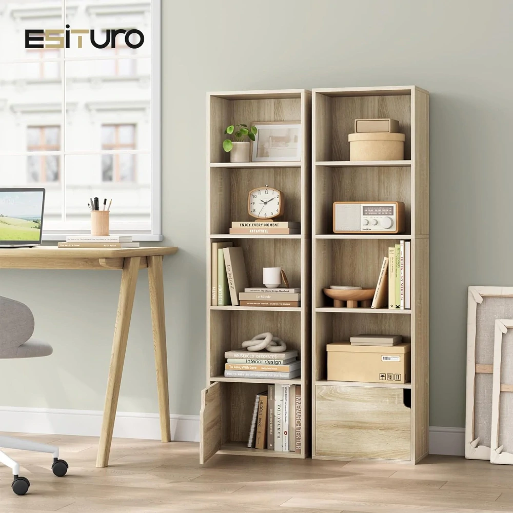dřevěná knihovna s dvířky do obývacího pokoje, ložnice, kuchyně, kanceláře, vyrobeno z MDF, světlý dub, 34x24x132 cm