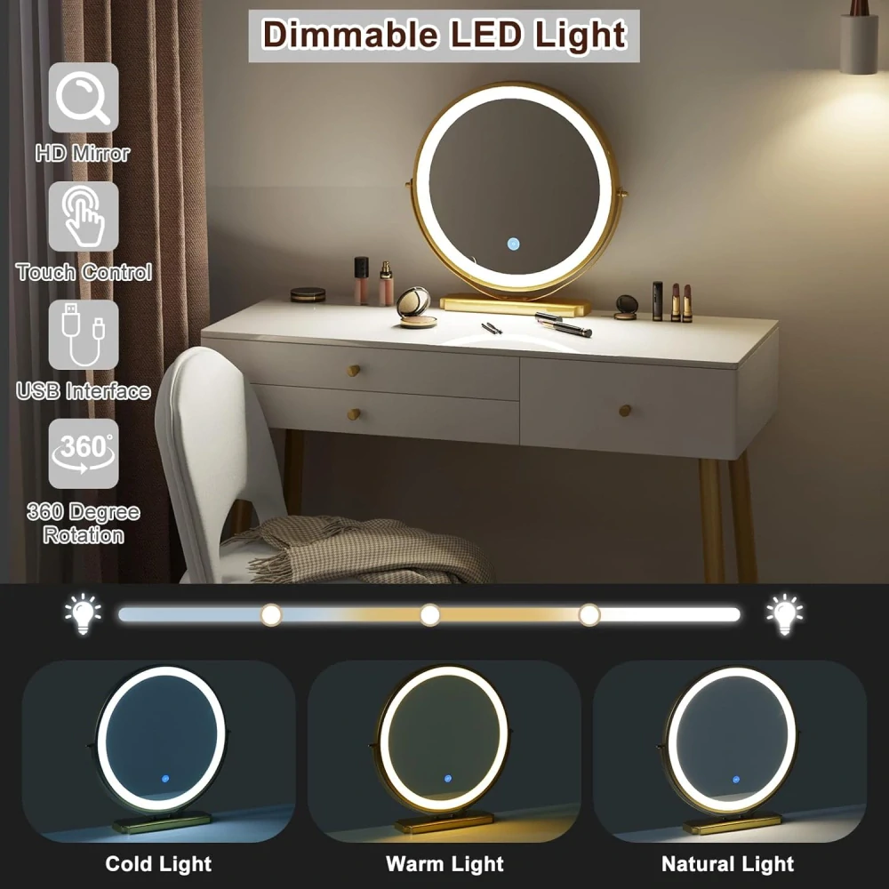 WOLTU MB6105ws Sada toaletního stolku s nastavitelným LED zrcadlem a sametovou židlí