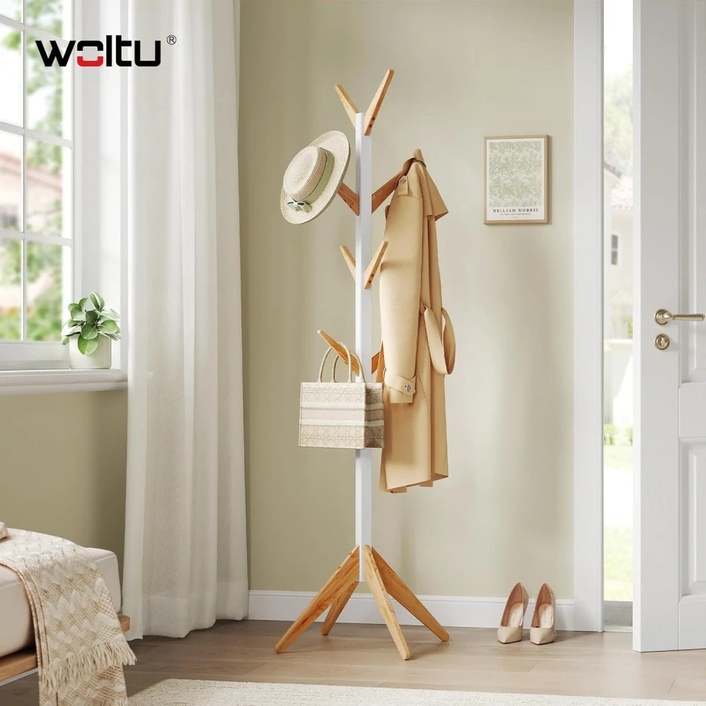 Woltu věšák na oblečení s 8 háčky, výška 180 cm, MDF dřevo